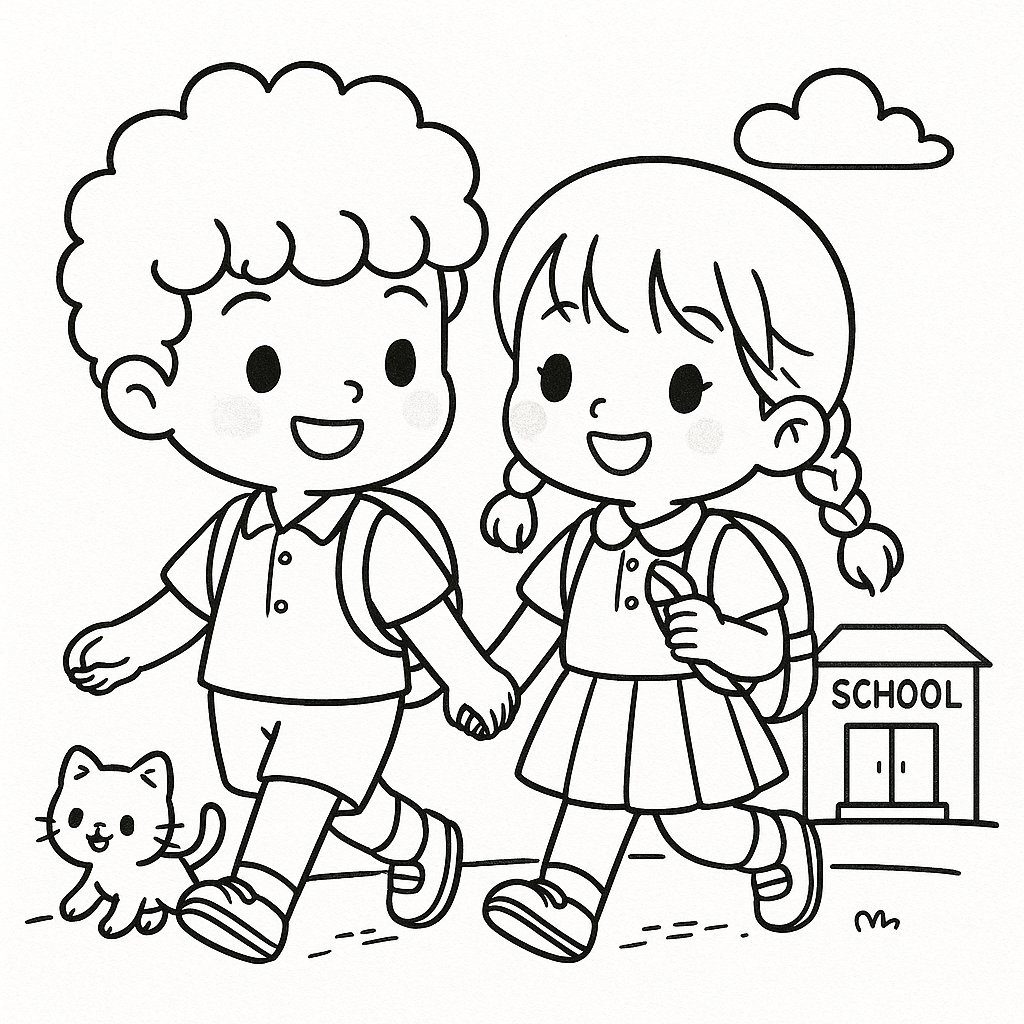 Coloring page of two little friends holding hands on their way to school