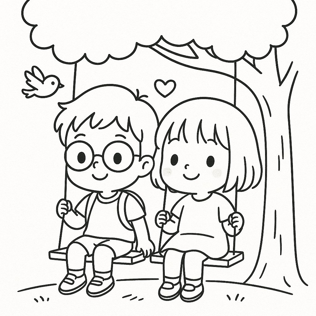 Coloring page of two little friends holding ice cream, with a kitten beside them