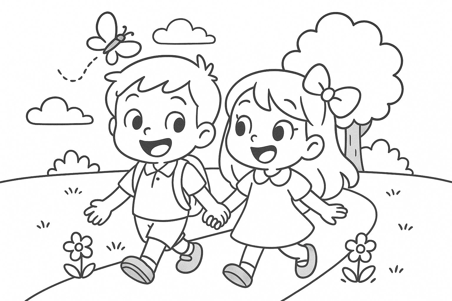 Coloring page of a boy and a girl hanging out together at the park