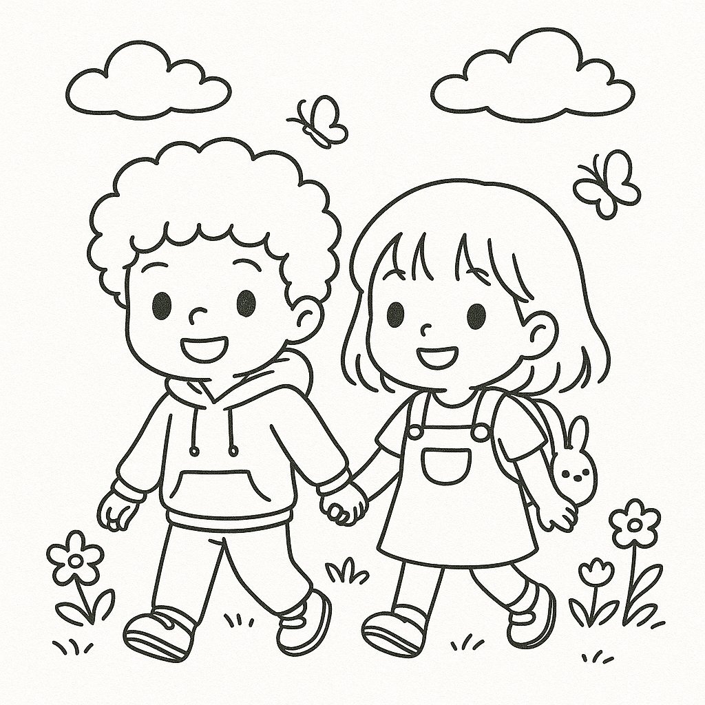Coloring page of two little friends holding hands while walking in the park