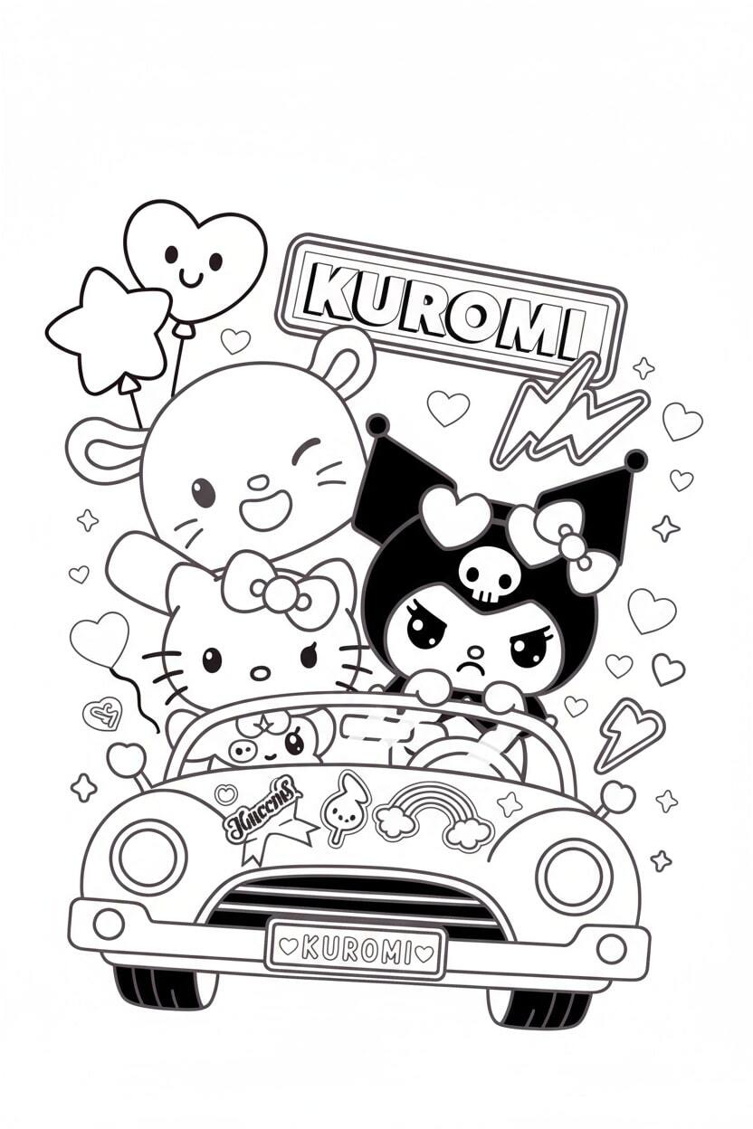 Kuromi and My Melody Driving a Fun Car