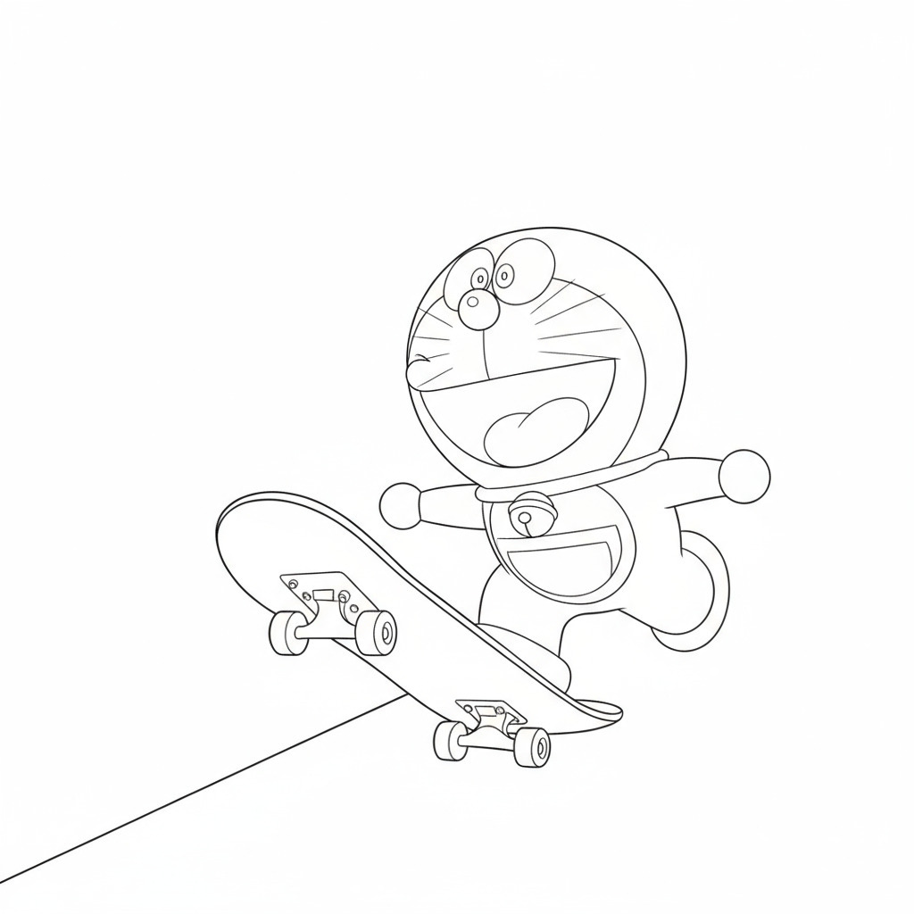 Doraemon riding a high-speed skateboard