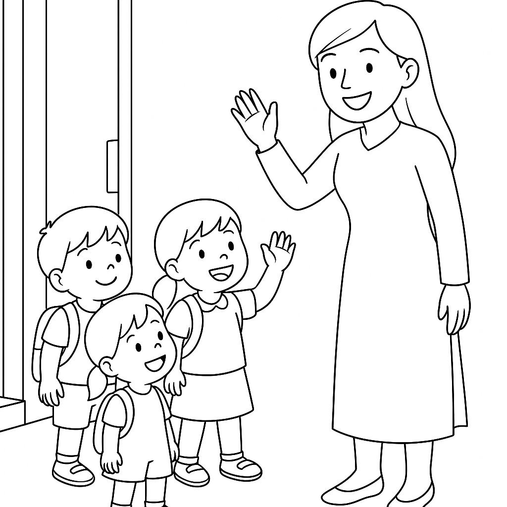 Teacher and Children Greeting in the Morning