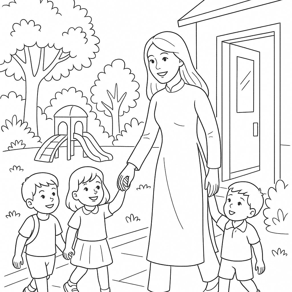 Teacher Guiding Children into the Classroom