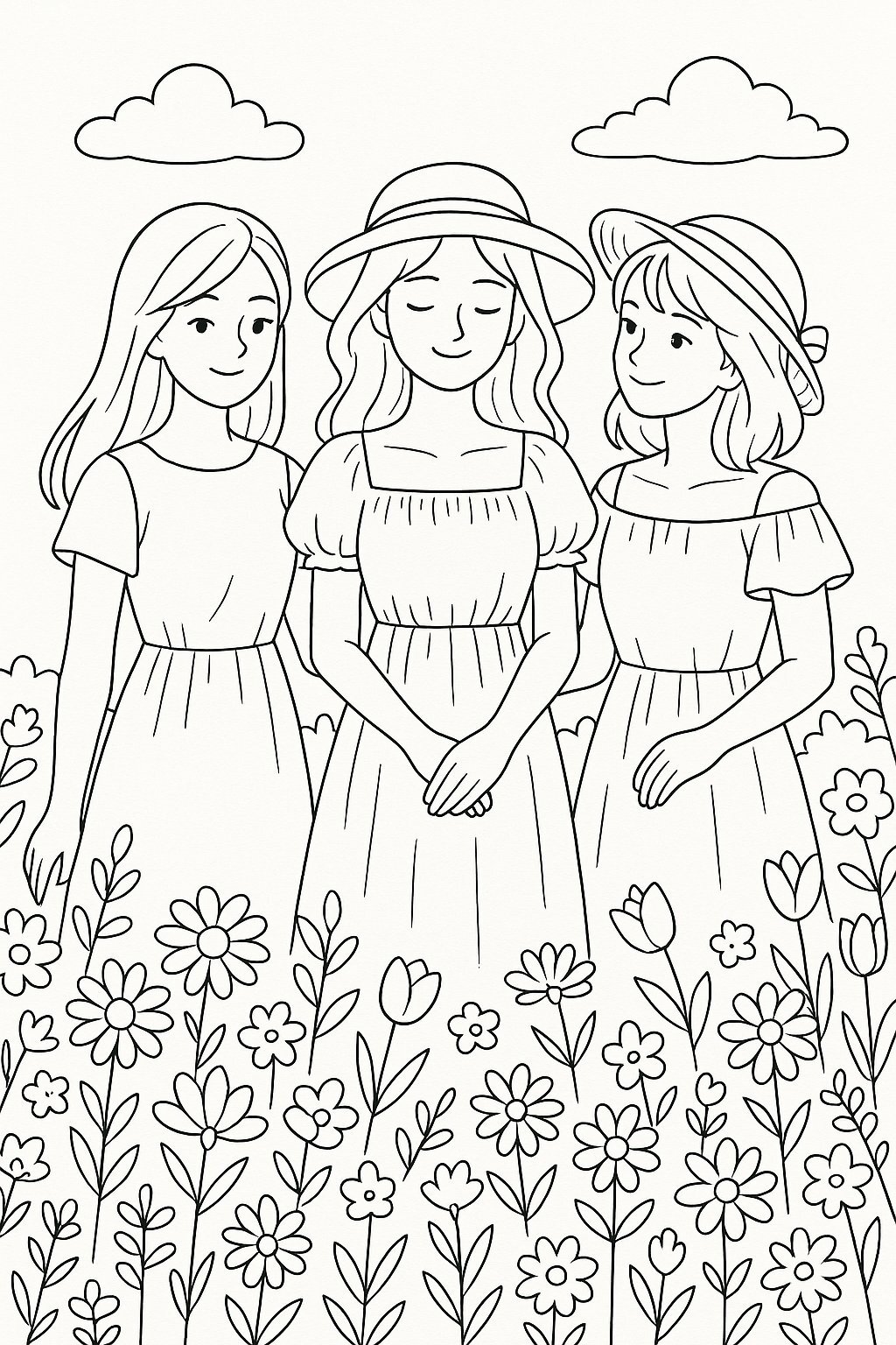 Three Girls in a Flower Garden