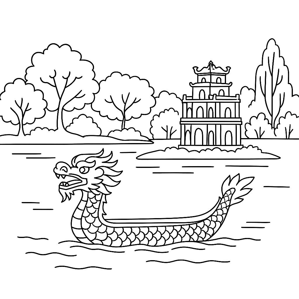 Hoan Kiem Lake with a Dragon Boat