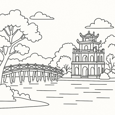 Uncolored Hoan Kiem Lake Drawing for Kids – Download PDF 2026