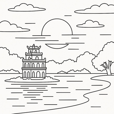 Uncolored Hoan Kiem Lake Drawing for Kids – Download PDF 2026