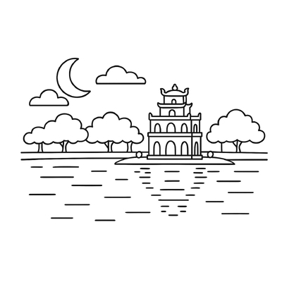 Uncolored Hoan Kiem Lake Drawing for Kids – Download PDF 2026