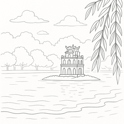 Uncolored Hoan Kiem Lake Drawing for Kids – Download PDF 2026