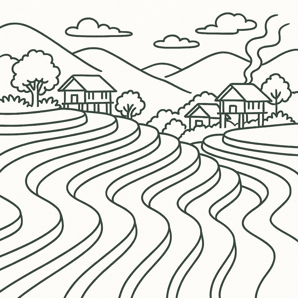 Terraced Fields with a Mountain Village