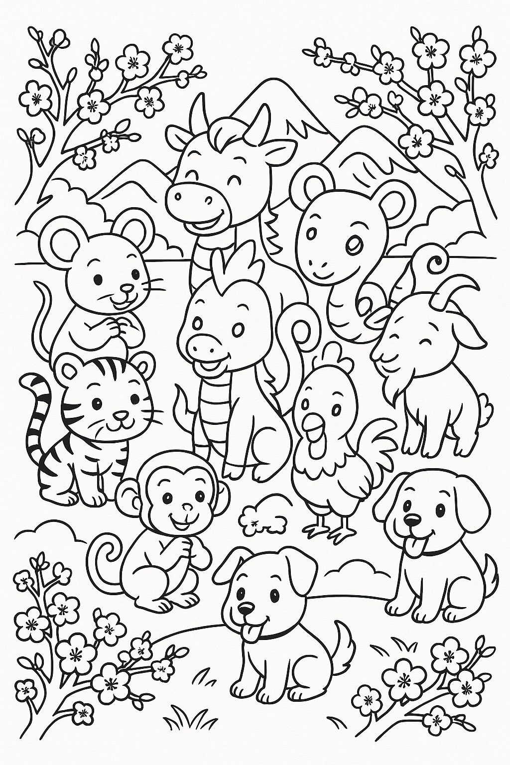 Spring Coloring Book of the 12 Zodiac Animals
