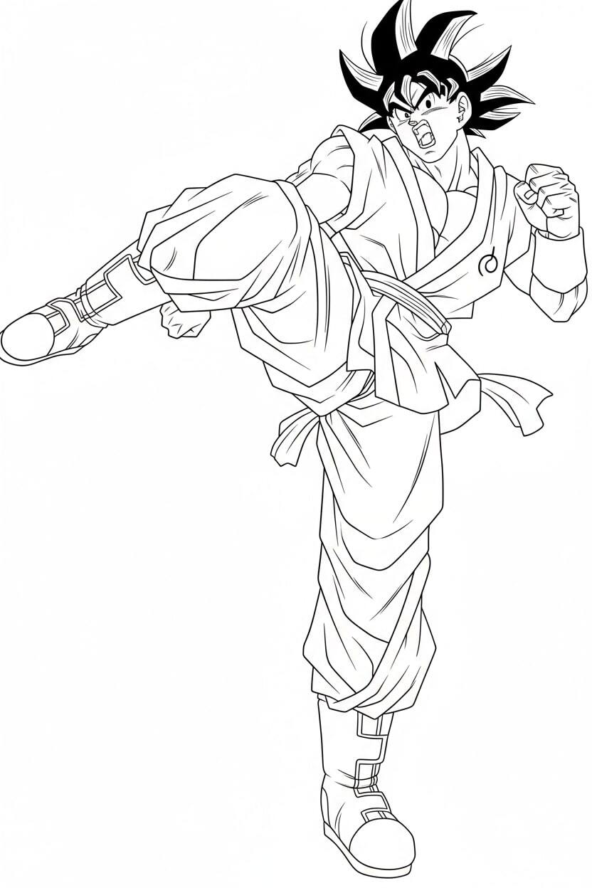 Songoku flying forward delivering a kick