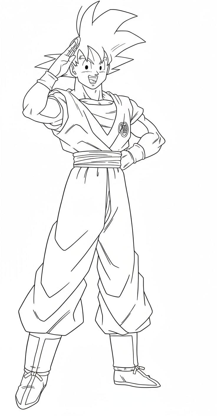 Songoku standing and greeting energetically