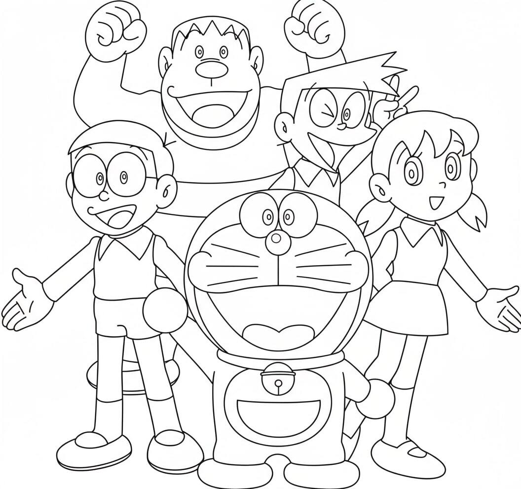 The whole group—Doraemon, Nobita, Shizuka, Gian, and Suneo—laughs cheerfully