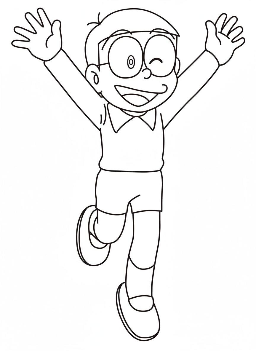 Nobita Raising His Hand to Celebrate Victory