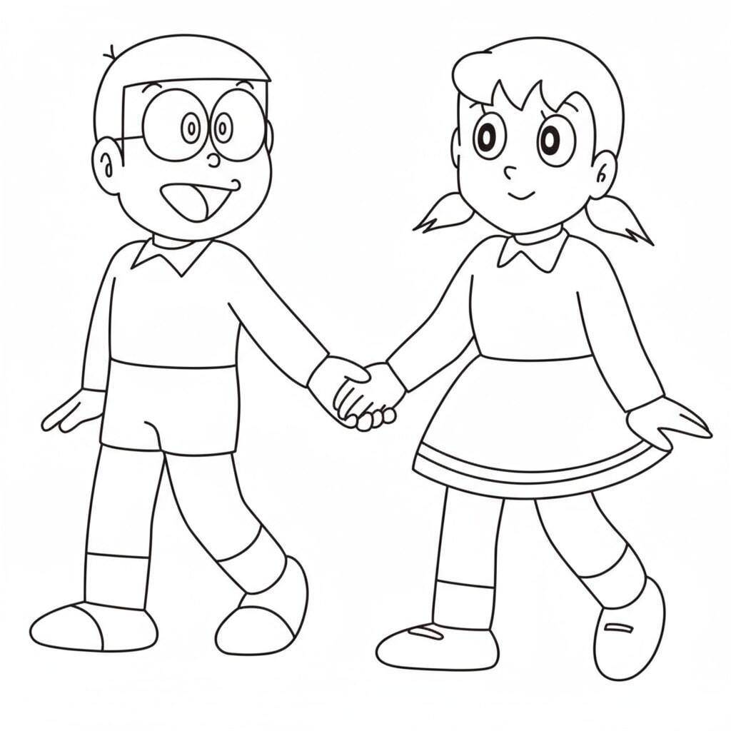 Nobita and Shizuka Holding Hands on Their Way to School