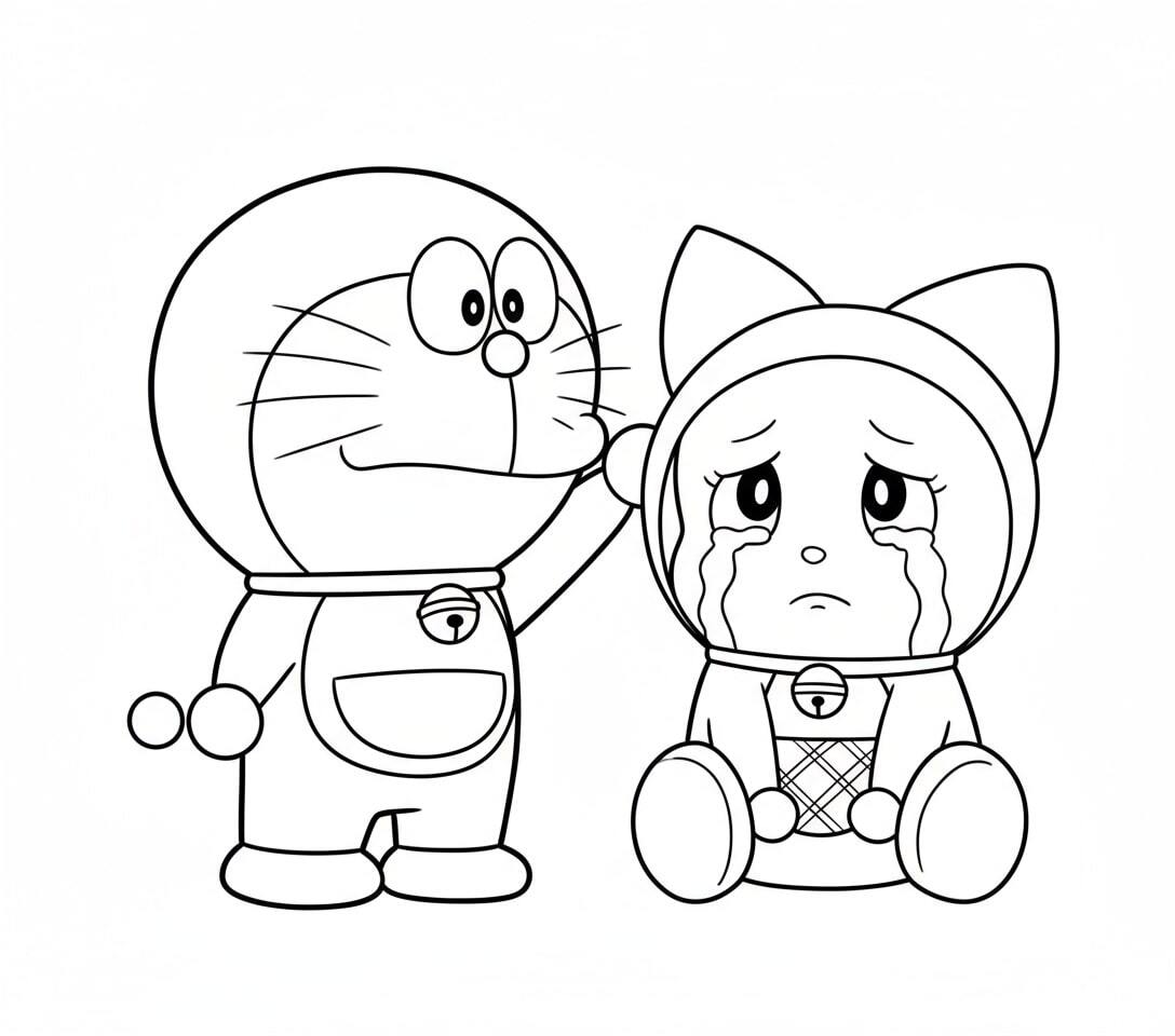 Doraemon comforting his crying sister Dorami