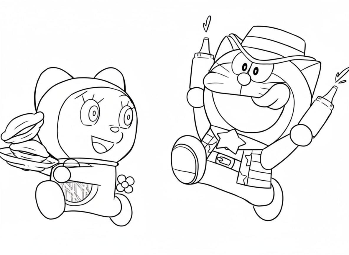 Dorami holding bread making Doraemon crave it