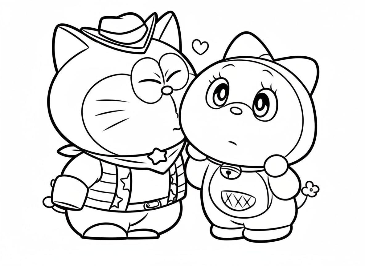 Doraemon and Dorami kissing each other on the cheek
