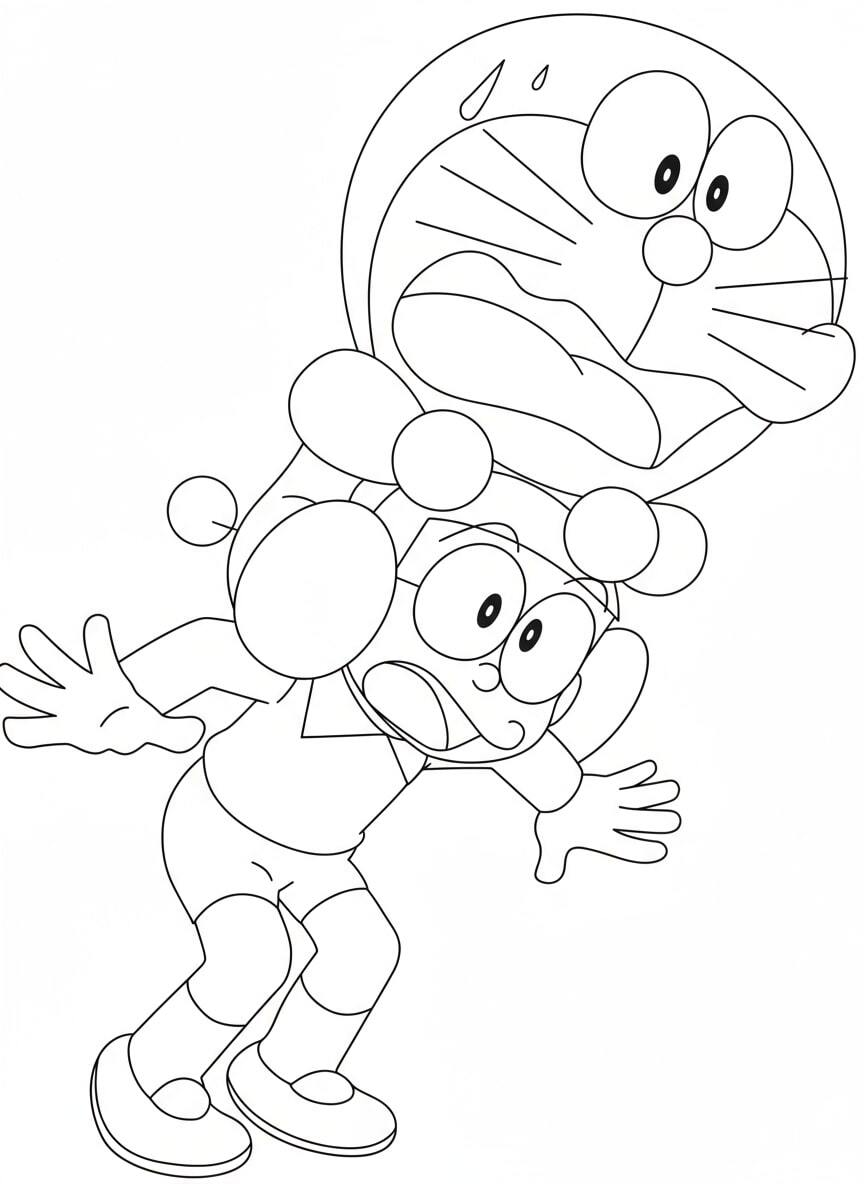 Nobita carries Doraemon and sweats