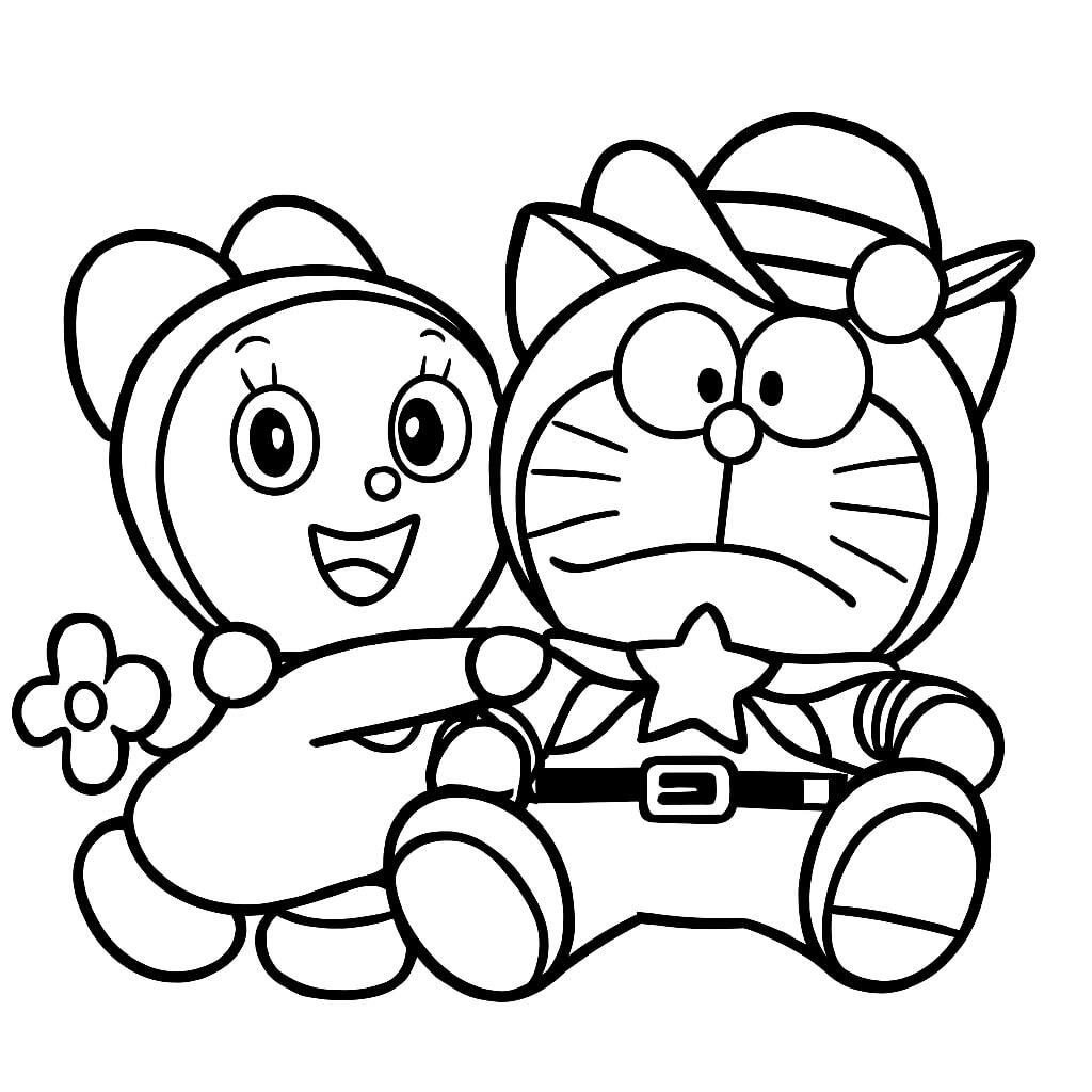 Doraemon sitting beside Dorami with a smile