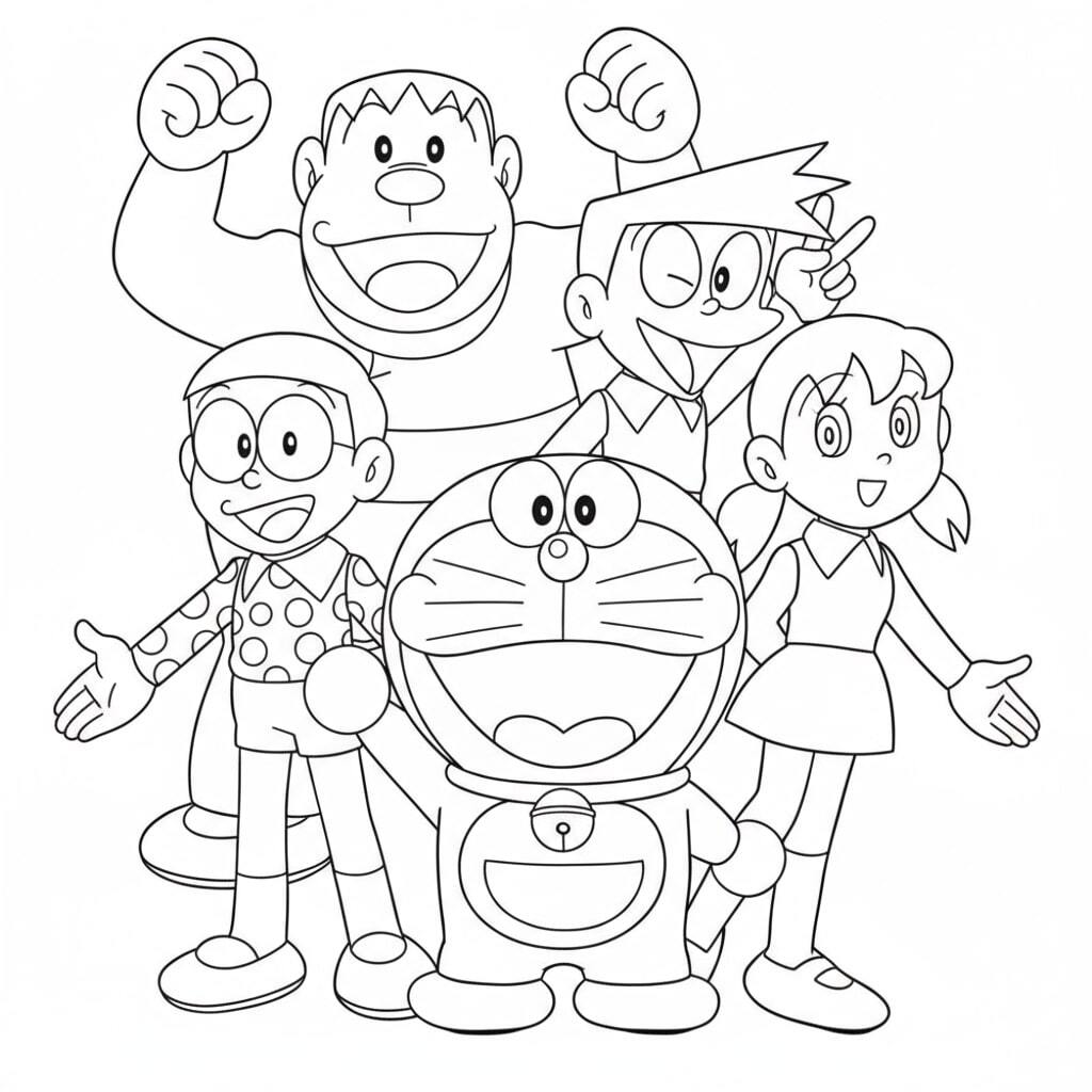 The Whole Group of Doraemon and Friends Shout 'Yeah!'