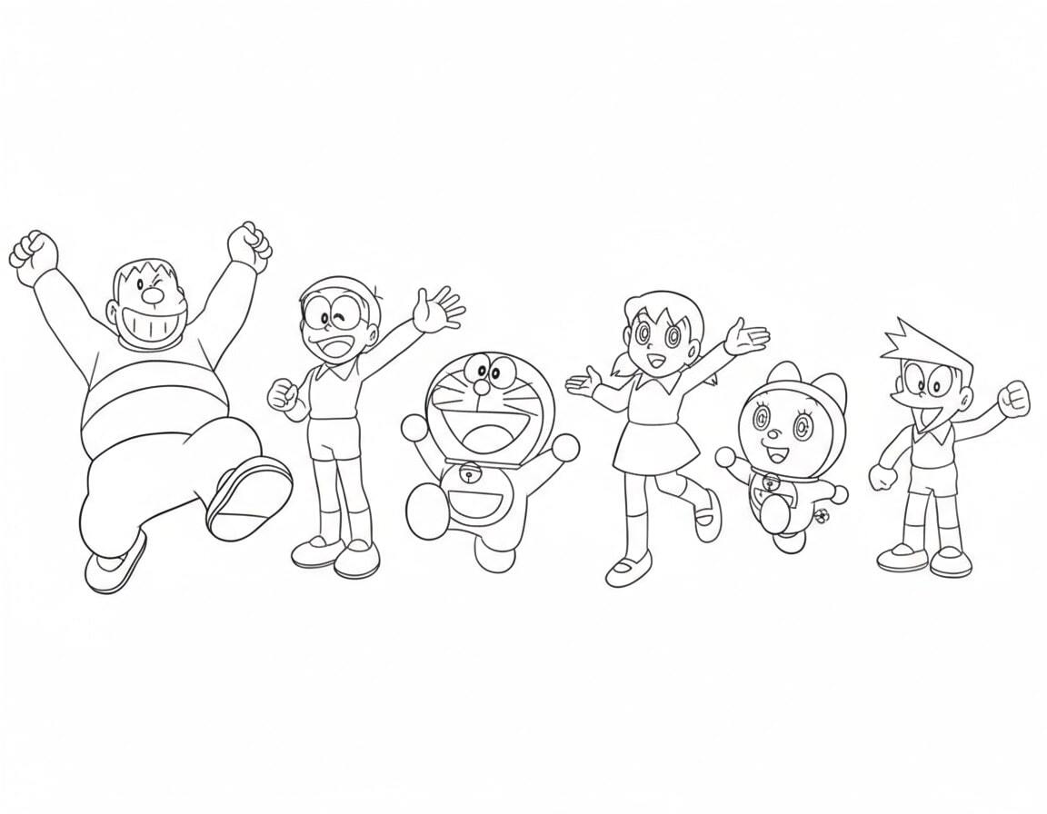 The Whole Group of Doraemon Plays Outside