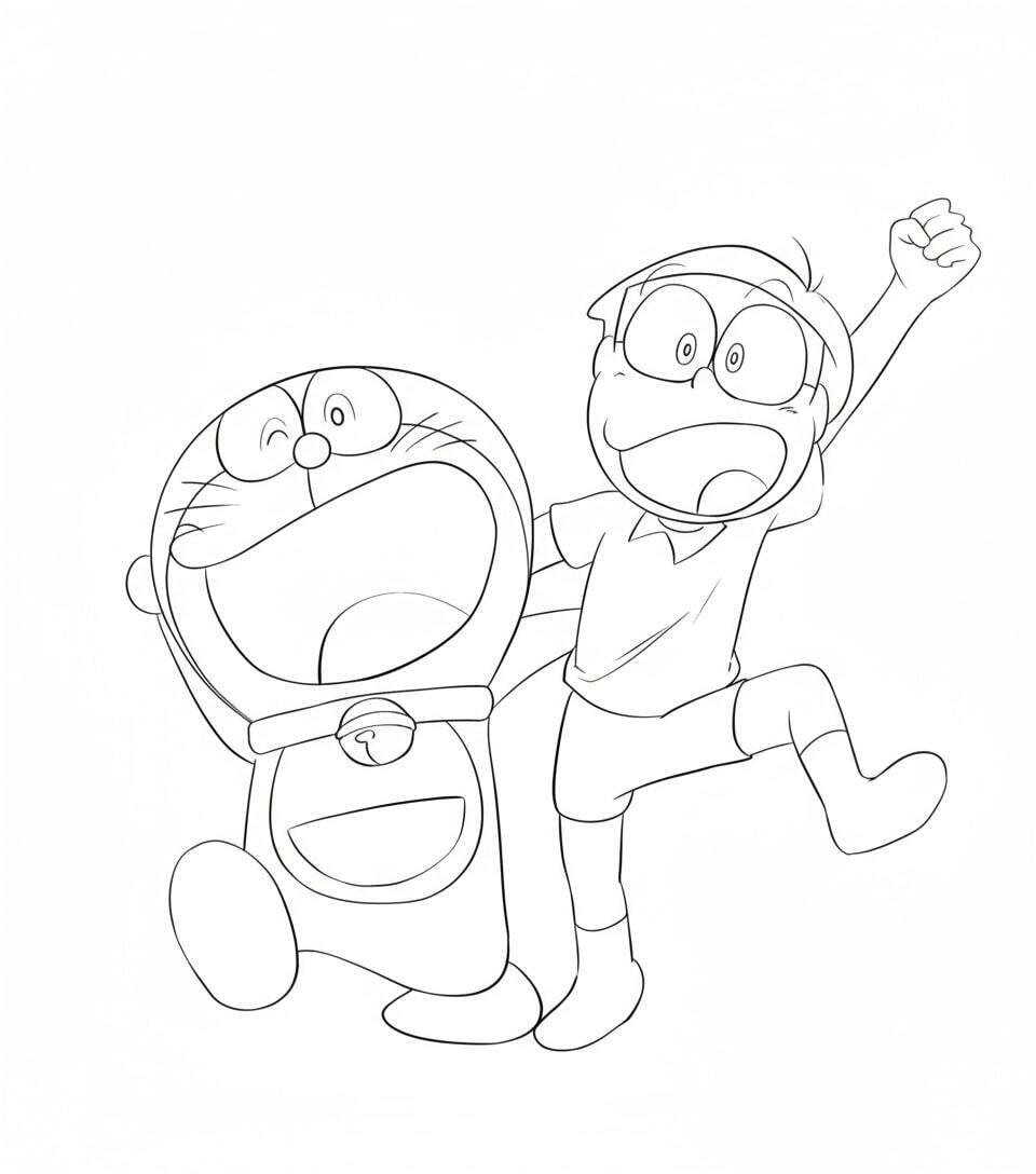 Doraemon and Nobita Jumping Up in Joy