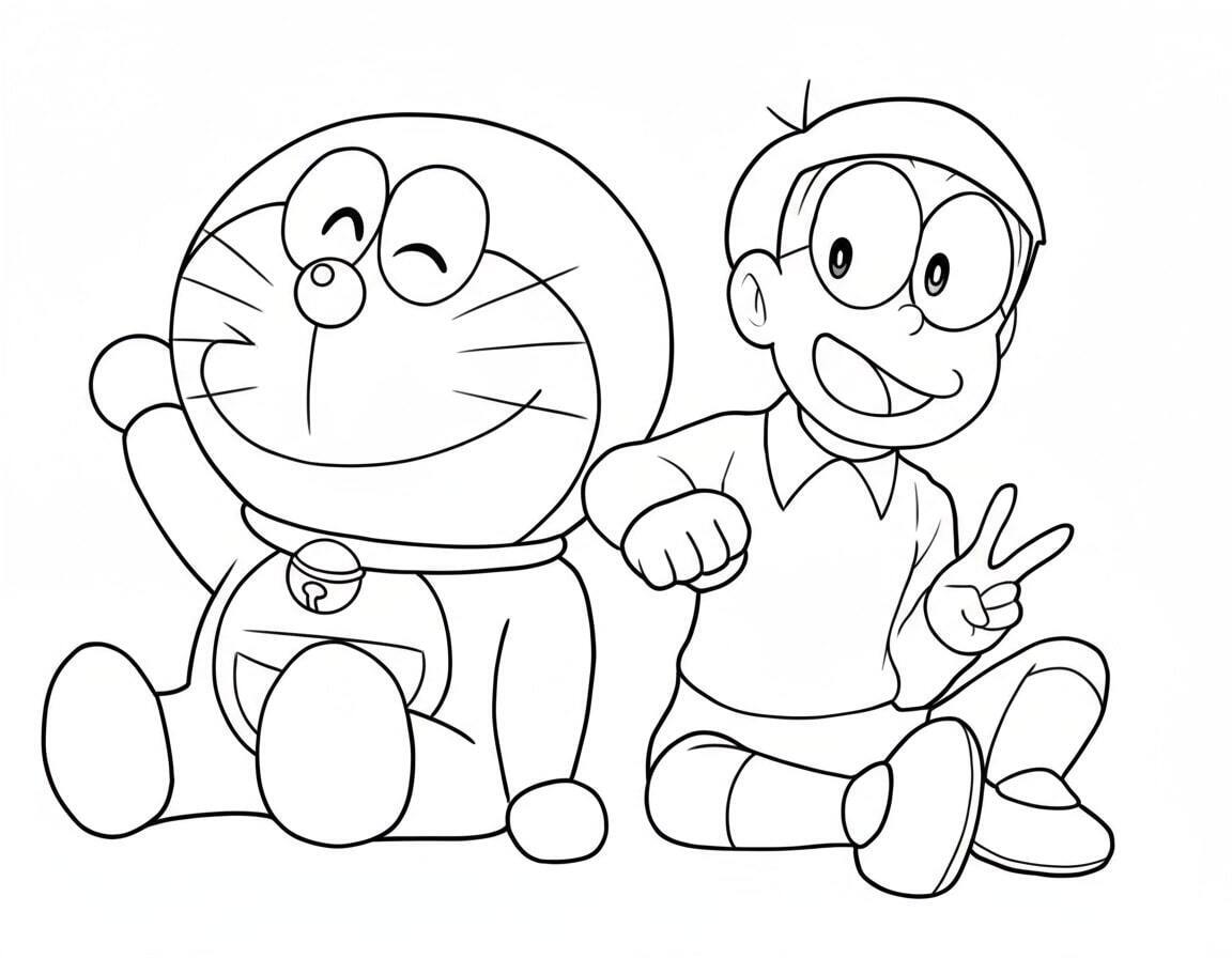Nobita Sits Next to Doraemon, Both Laughing