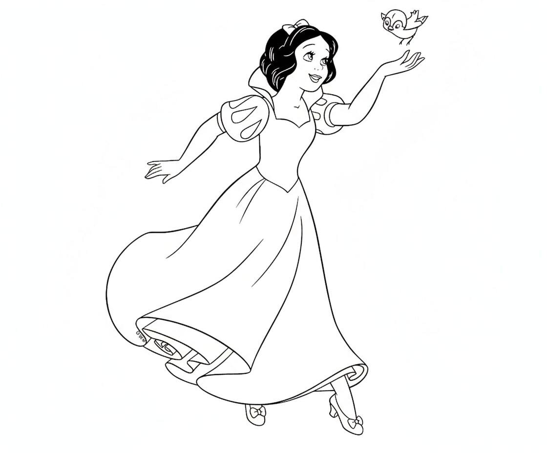 Snow White admiring the little bird in her hand