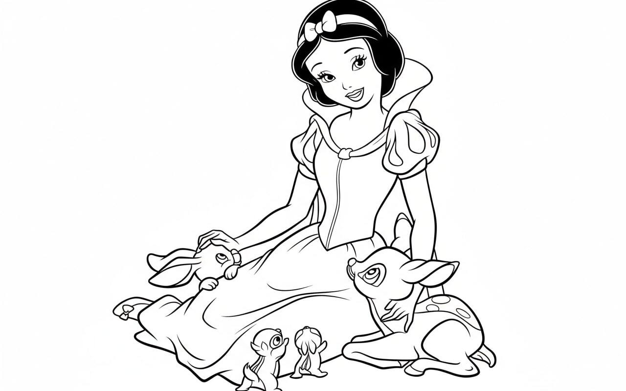 Snow White sitting and telling stories to the animals