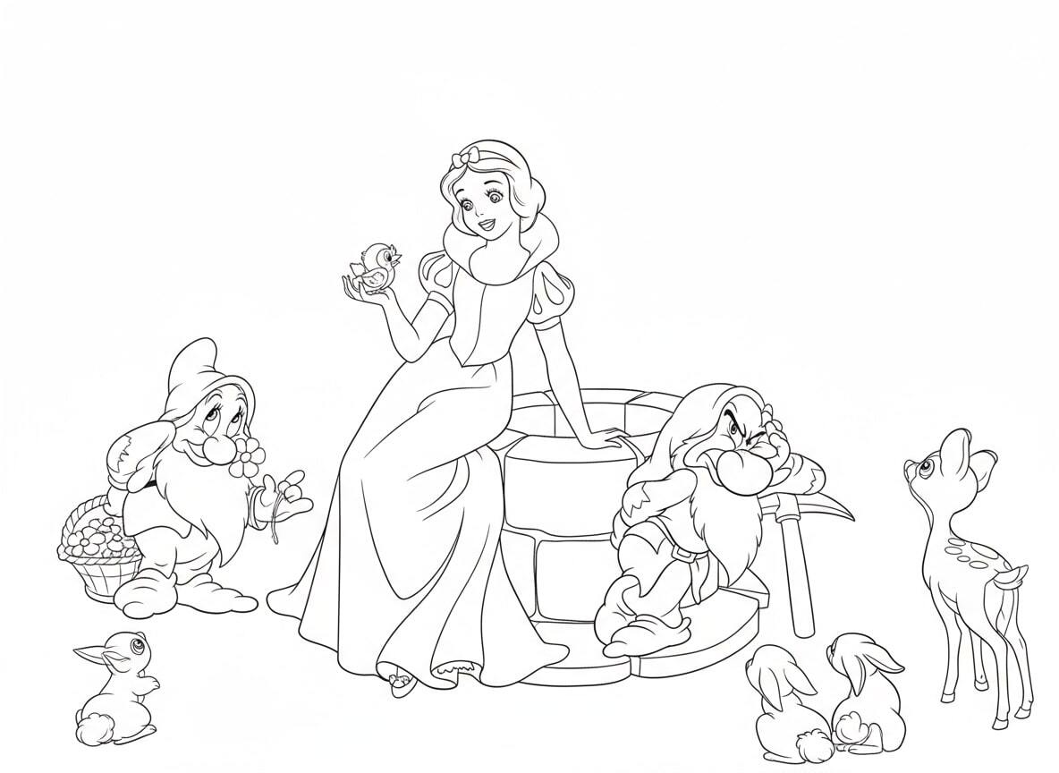 Snow White and the little bird by the well