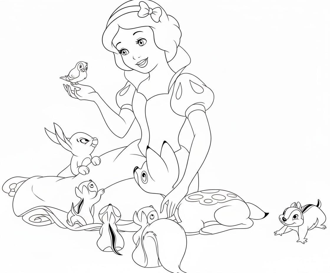 Snow White Sitting on the Grass with Forest Flowers