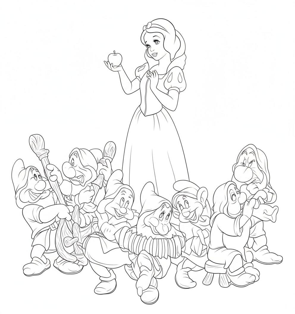 Snow White Sitting Beside the Adorable Dwarfs