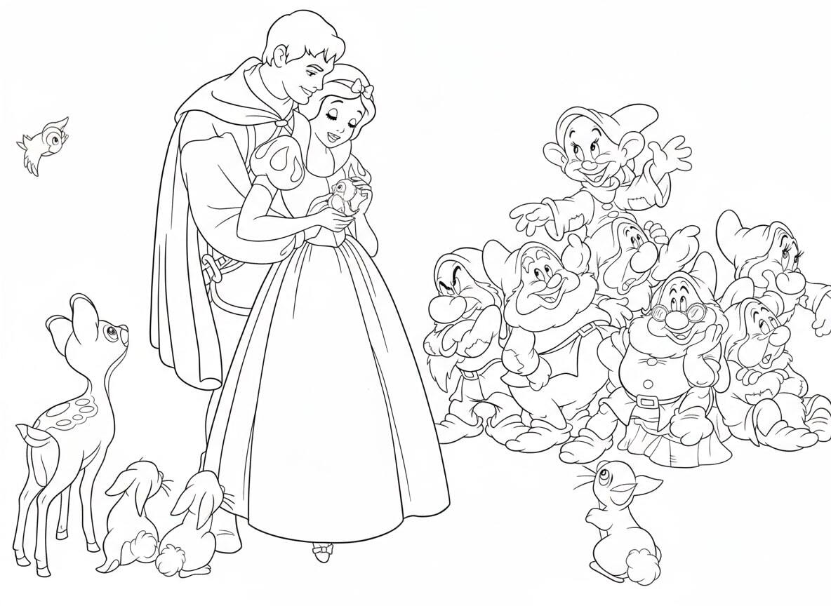 The prince and Snow White embracing happily