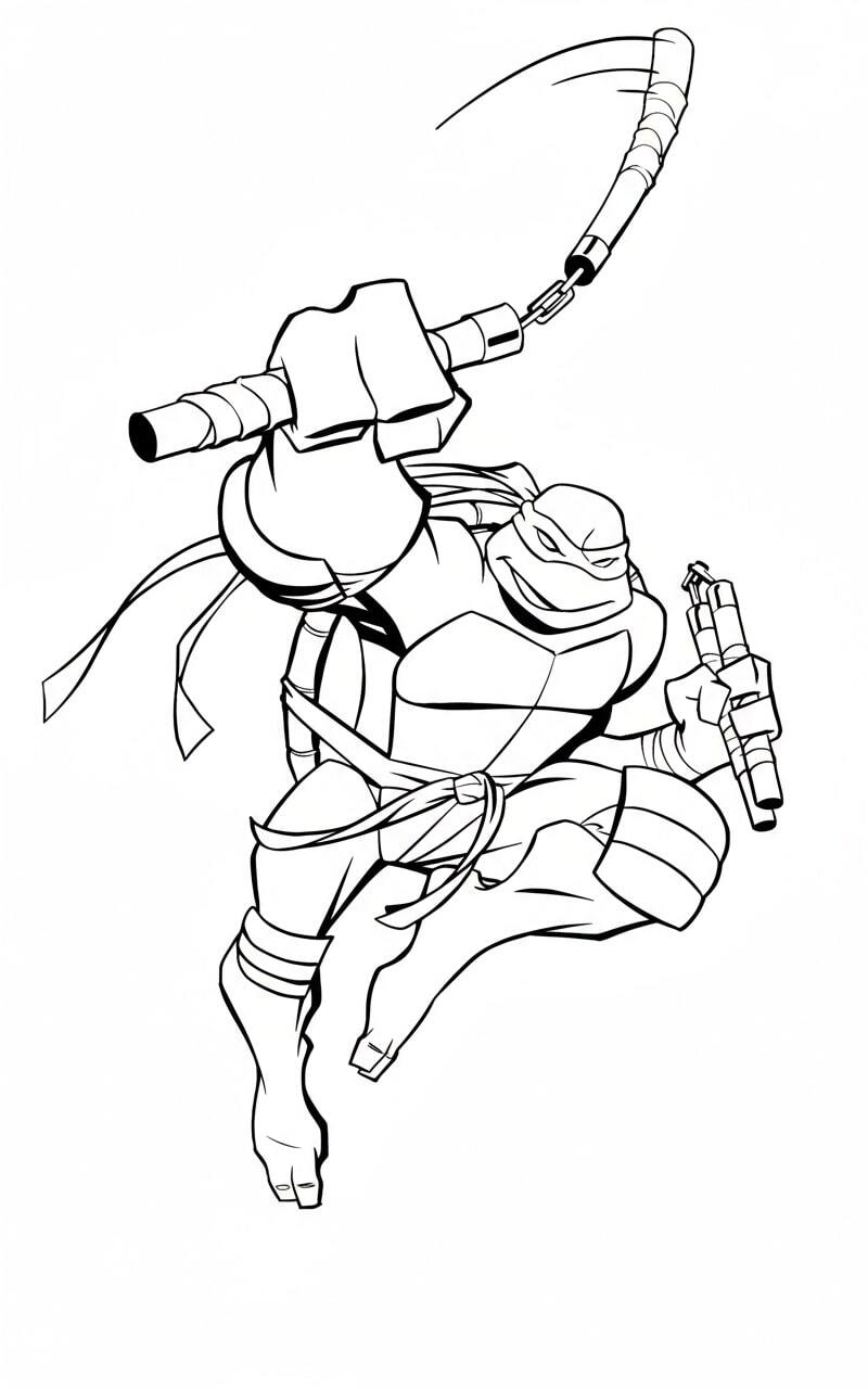 A Ninja Turtle Leaps Forward, Striking with a Sword