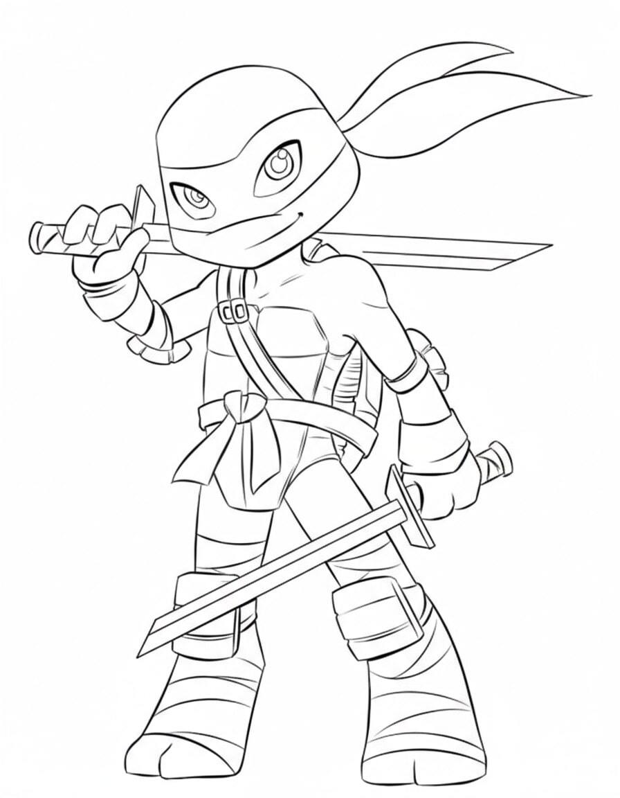Teenage Mutant Ninja Turtle wielding dual swords with bravery