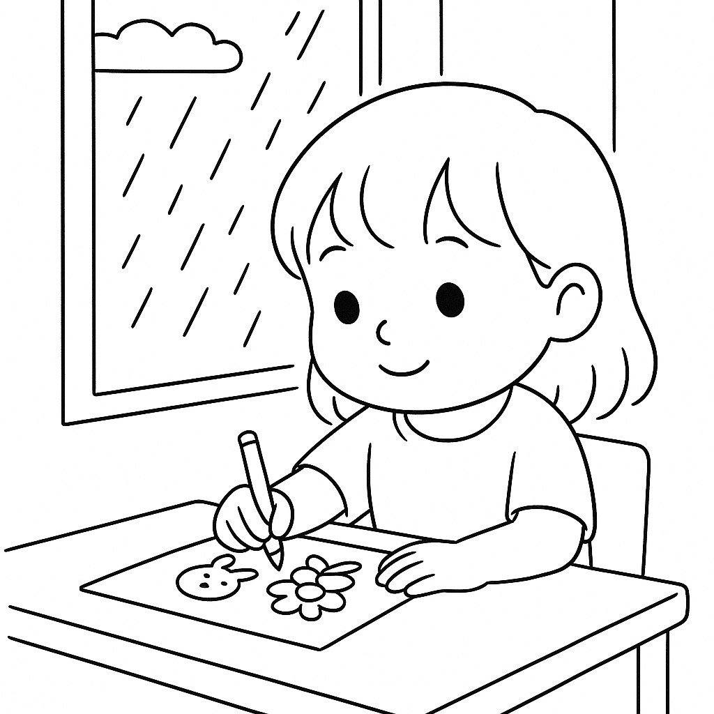 Bé Bún Coloring on a Rainy Day