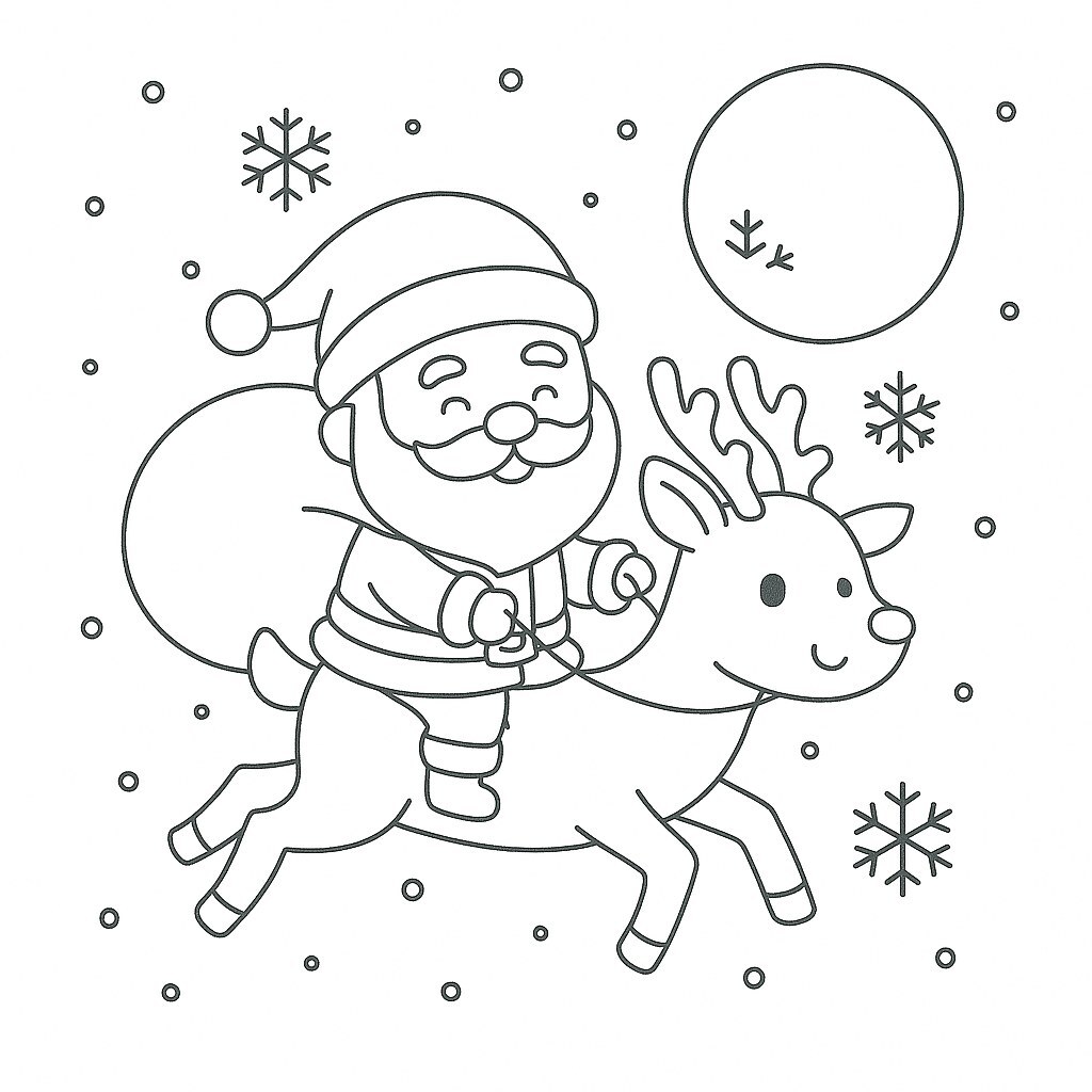 Santa Riding a Reindeer in the Falling Snow