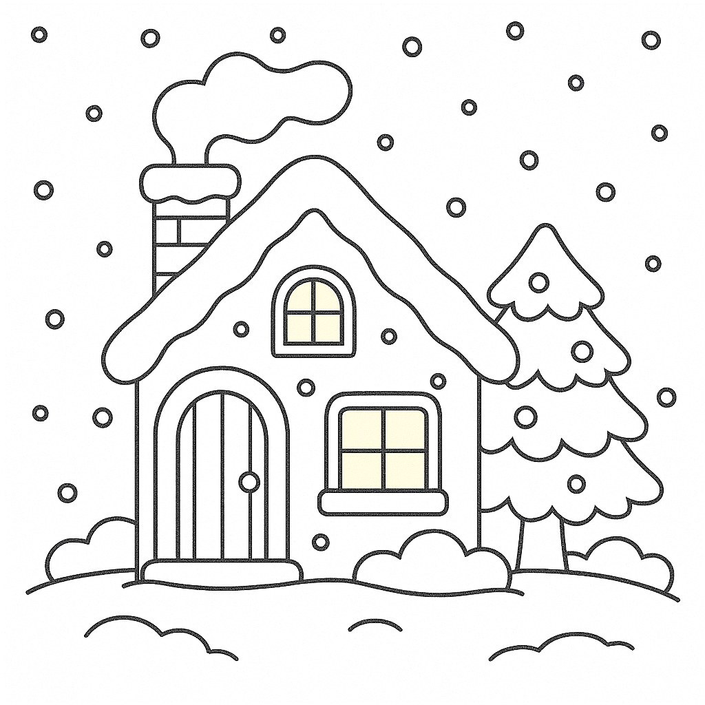 Snowy Christmas House Coloring Page