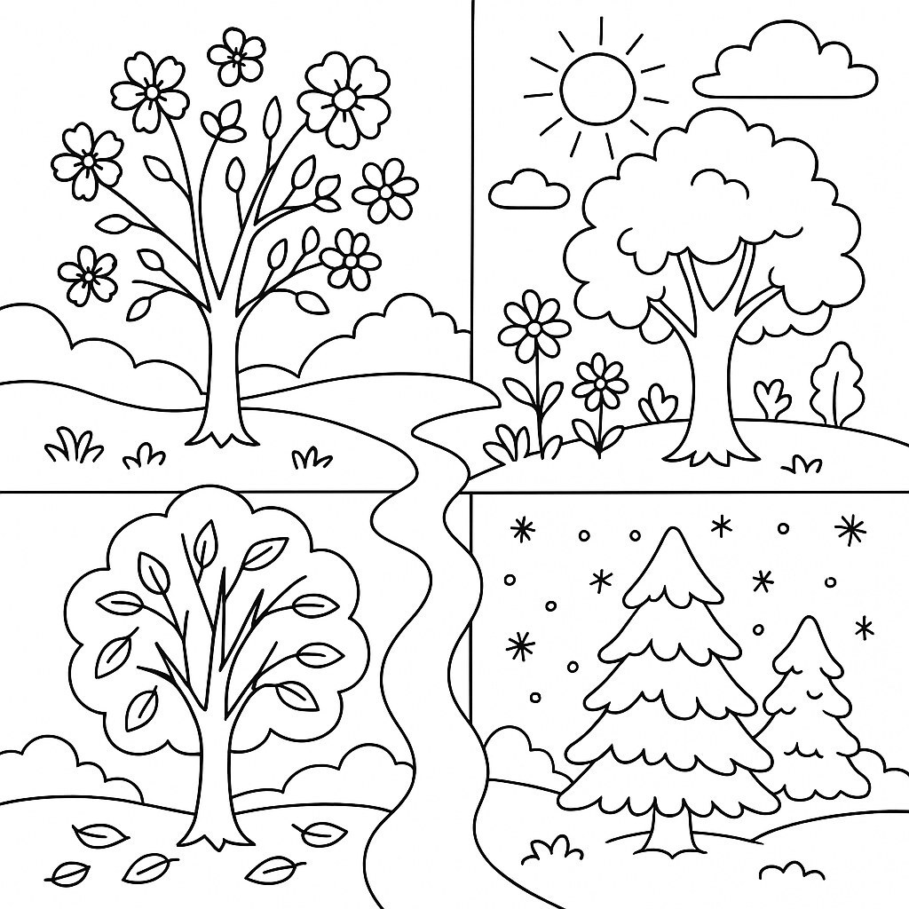 Enchanted Four-Season Forest Coloring Page